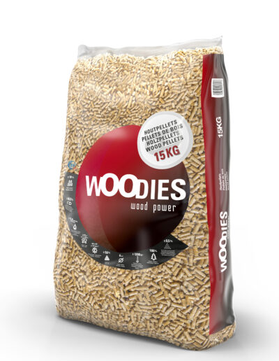 Een zak met pellets van het merk Woodies